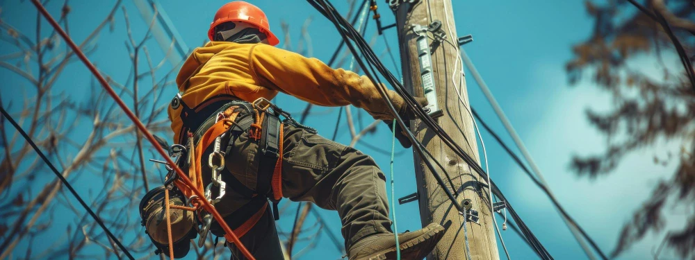 Professional technician using a fall protection harness system to safely scale a pole at a job site.